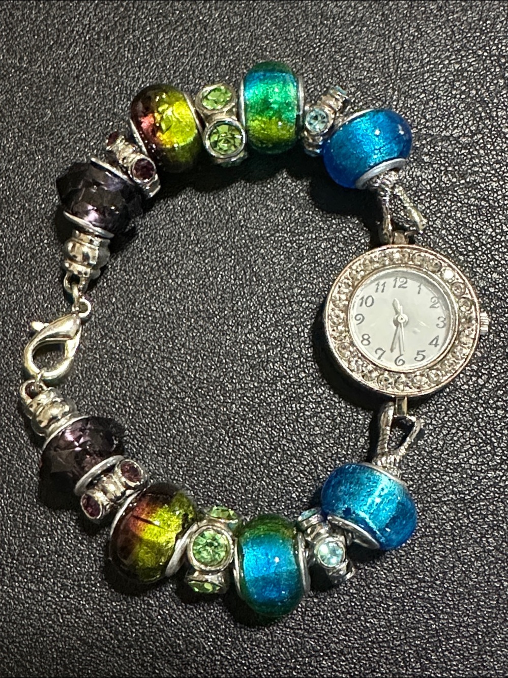 Glass Bead & Rhinestone Charm Bracelet Watch